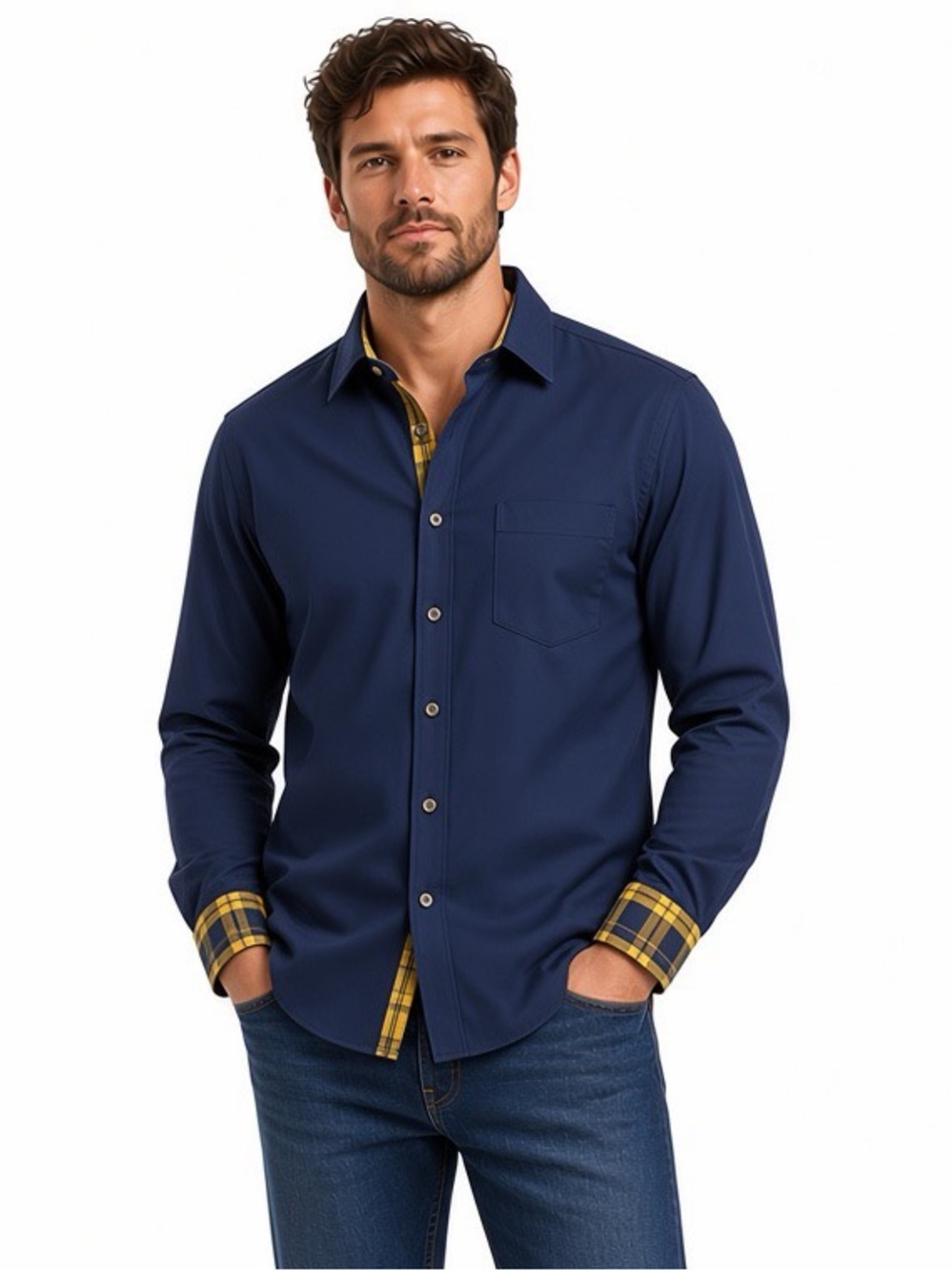 Jared Lang‎ Button Down Navy Dress Shirt. Yellow Plaid Contrast Trim. Medium.